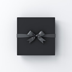 Top view of black present box or gift box with black ribbon bow isolated on white background with shadow minimal conceptuals for black friday 3D rendering