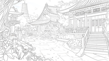 Obraz premium Hand Drawn Sketch Line Art Draft that showcases of Misty Japanese Temple and Garden and Chinese Temple with Cherry Blossoms at Riverside in the Morning