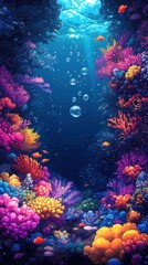 Naklejka premium Vibrant Underwater Coral Reef with Orange Fish and Air Bubbles
