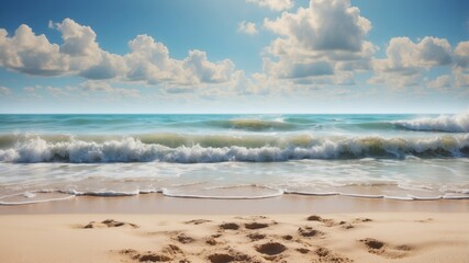Fototapeta premium A sandy beach with an incoming wave and a blue sky dotted with white clouds.
