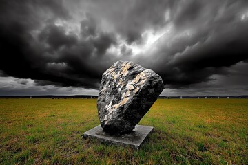 A somber scene of a lone tombstone in a deserted graveyard, with dark storm clouds gathering in the background