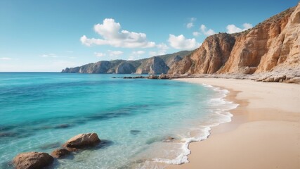 A sandy beach with crystal-clear blue water adjacent to a rocky cliff Clear blue water bodies.