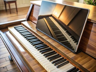 A sleek, modern laptop computer sits open on a polished wooden piano, surrounded by sheets of music, connecting the physical with the digital music world.