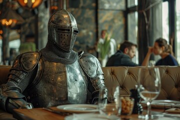 Medieval knight in armor adds historical charm to a modern restaurant, creating a unique dining experience with an immersive atmosphere