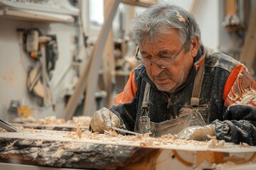 Skilled artisan carving wood in messy workshop, displaying dedication and talent in crafting beautiful handmade art using traditional woodworking methods