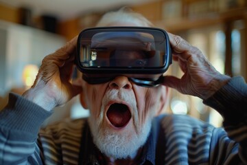 Elderly gentleman amazed and thrilled while trying out vr headset at home, immersed in futuristic virtual reality adventure