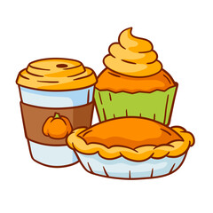 Autumn food illustration. Happy Thanksgiving Day and Halloween traditional symbols.