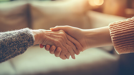 young woman's hand holding the hand of a senior. indoor abstract blur background. Taking care of the elderly concept