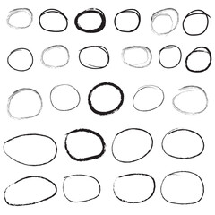 Hand drawn doodle grunge circle highlights. Charcoal pen round ovals. Marker scratch scribble in rounder. Round scrawl frames of freehand painted circular note. isolated on white background.  EPS 10