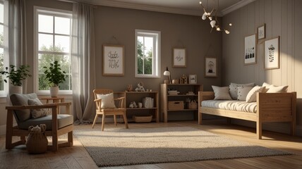 Mock up 4k frame in children room with natural wooden furniture, Farmhouse style interior background, 3D render realistic scene