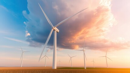 Fototapeta premium A field of wind turbines spinning under a changing sky, with clouds transitioning from clear to stormy, photorealistic, hyper-resolution, energy and meteorology connection