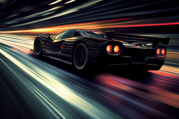 A sleek, black supercar speeding through the night, its motion captured in a blur of lights and speed lines.