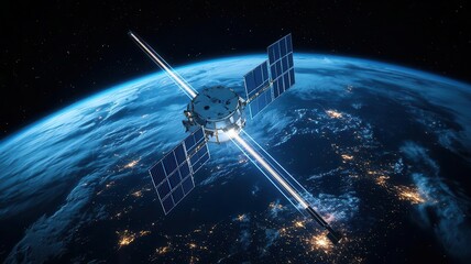 Weather satellites orbiting Earth with beams and data streams visualized as they monitor global weather systems, photorealistic, hyper-resolution, space-based meteorology