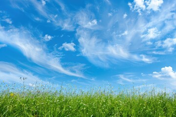 A green meadow with colorful flowers under a clear blue sky