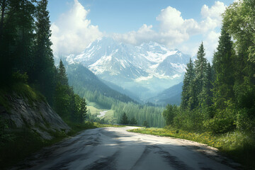 A road leading to the mountains, surrounded by green forests and snow-capped peaks.