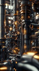 Depiction of an industrial plant with numerous pipes and machinery, showcasing the advanced technology used in oil production