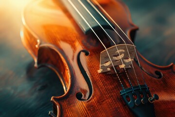 A solo violin resting on a wooden table