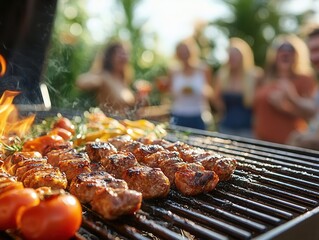 Close-up of a barbecue grill with sizzling food, friends laughing in the background, vibrant summer party atmosphere
