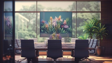Meeting hall in business center with many green plants. Neural network ai generated art