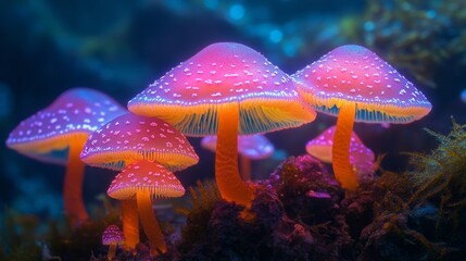 A group of colorful mushrooms are growing on a rock