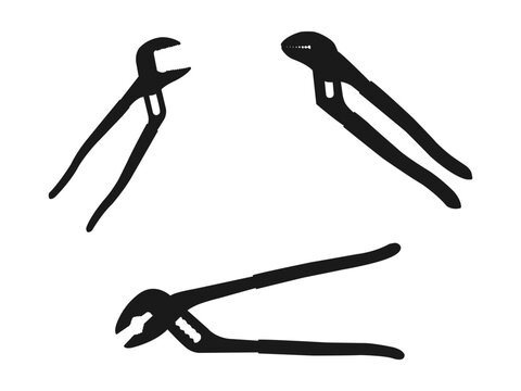 black and white channel lock pliers silhouettes. channel locks outline icon logo. Channellock Pliers icon in vector. Logotype. channel lock pliers silhouette isolated on white background.