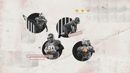 Poster. Contemporary artwork. Football players captured in action, each highlighted within circular frames against paper textured backdrop. Vintage style design. Concept of event, betting, victory.