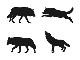 wolf silhouettes set. Wolf Silhouette Vector Illustration, perfect for wildlife enthusiasts, featuring a howling wolf. wolf silhouette, icon, vector. Wolf silhouette isolated on white background.