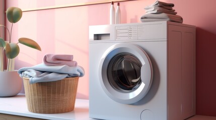 Clothes washing machine in laundry room interior. Neural network ai generated art
