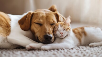 Obraz premium A dog and a cat cuddling together peacefully on a soft surface.
