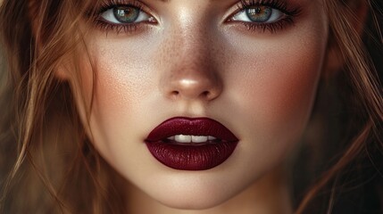 A woman with red lips and blue eyes