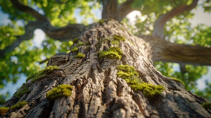 Obraz premium A tree trunk covered in vibrant moss, shot at a slight upward angle in a forest, showing the lush canopy and bright, clear sky above, creating a picturesque look.
