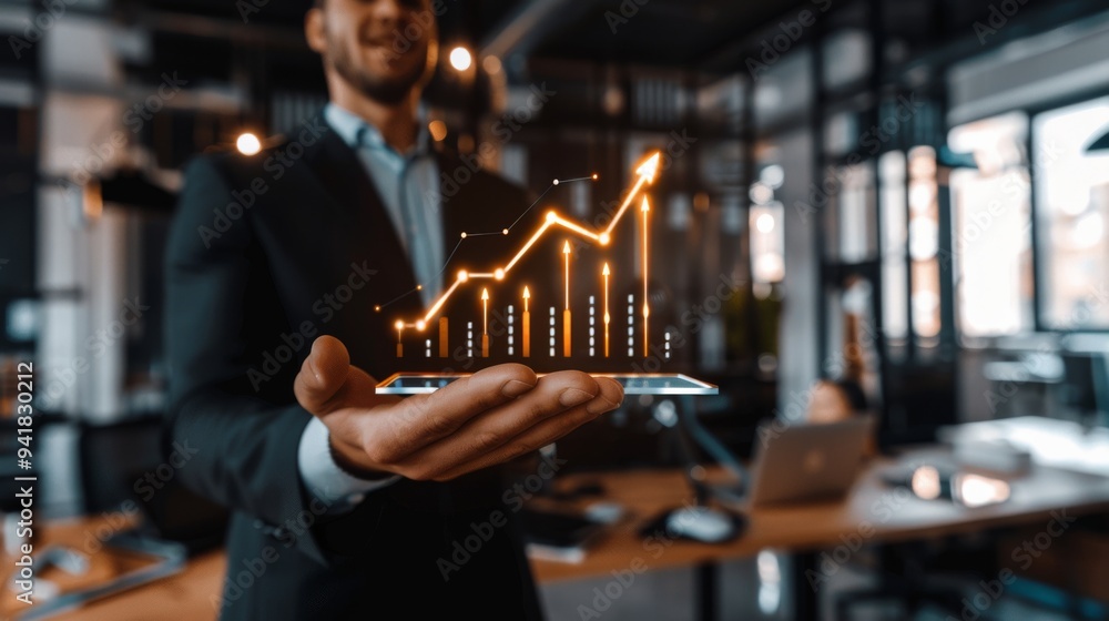 Poster a businessman in a professional office setting holding a tablet projecting a holographic growth char