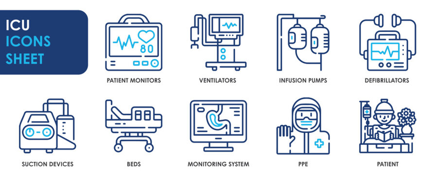 A set of line icons related to ICU. Intensive Care Unit, monitors, ventilators, infusion pumps, defibrillators, suction pumps, beds, PPE. Vector outline icons set.