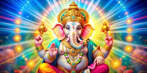 Obraz premium Ganesha, Lord of Beginnings, Digital Painting, Colorful Deity, Radiant Aura, Ganesh, Hindu