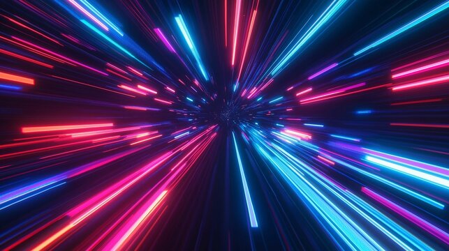 A dynamic display of red and blue light trails zooming across a dark background.