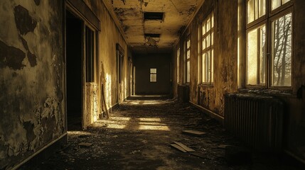 An eerie, abandoned hallway in a decaying building with peeling walls, debris, and golden sunlight streaming through broken windows.