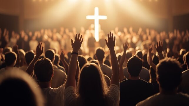 Group of Christians in an emotional worship setting, hands uplifted towards a cross bathed in bright, holy light, spiritual fervor