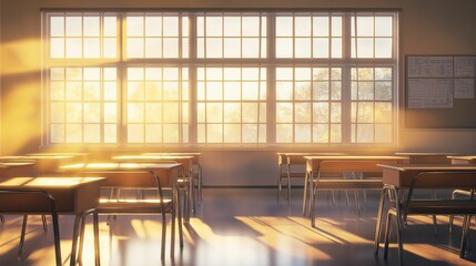 A serene, empty classroom bathed in warm sunlight streaming through large windows, with wooden desks and chairs neatly arranged.