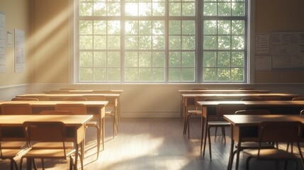 A serene, empty classroom bathed in warm sunlight streaming through large windows, with wooden desks and chairs neatly arranged.
