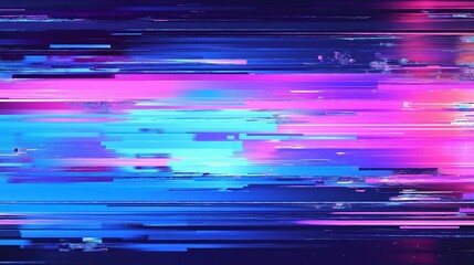 A dynamic digital glitch art composition featuring horizontal streaks of vibrant pink, blue, and purple.