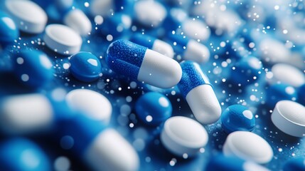 Falling blue white medicine pills capsules on white background.
