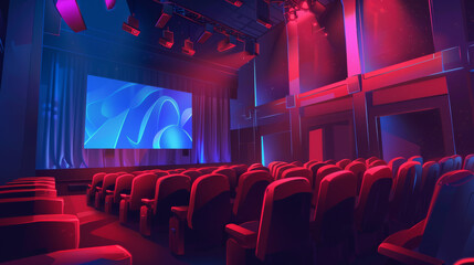 Empty cinema auditorium, illustration in neon style.