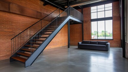 Industrial loft with a metal staircase and high ceilings, modern design, spacious living