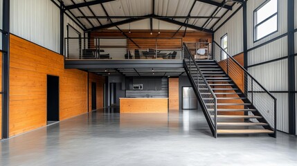 Industrial loft with a metal staircase and high ceilings, modern design, spacious living