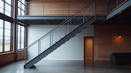 Obraz premium Industrial loft with a metal staircase and high ceilings, modern design, spacious living