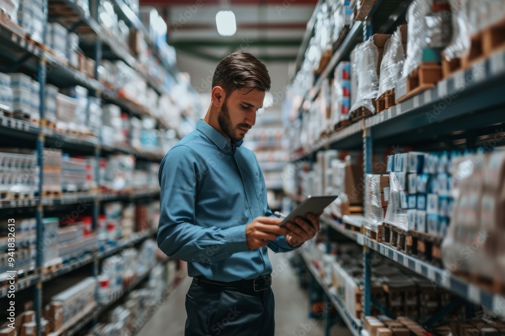 Poster a young man is seen using a digital tablet to manage inventory in a warehouse aisle loaded with prod