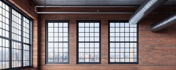 Obraz premium Industrial loft with exposed ductwork and metal-framed windows, raw materials, modern design