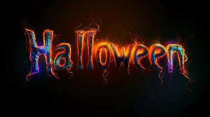 Vibrant Halloween Sign with Fiery Glow and Neon Colors, Dark Background