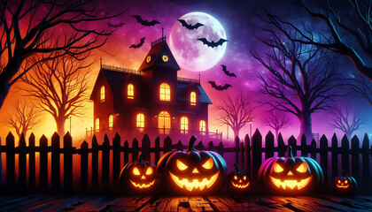 Halloween background with pumpkins scene featuring a haunted house with glowing windows purple sky and full moon and bats hover above the silhouette of eerie trees