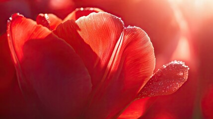Close-up of a red tulip with soft light shining through its petals, showing texture and detail -